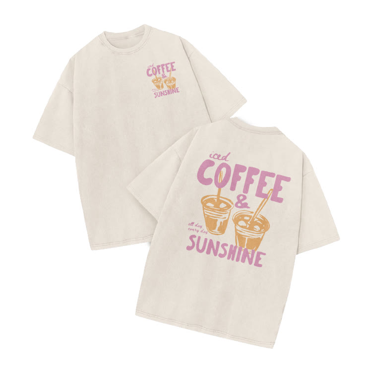 Vintage Coffee Sunshine Print Acid Washed T-Shirt - Beige - US20-22(3XL) - image 2