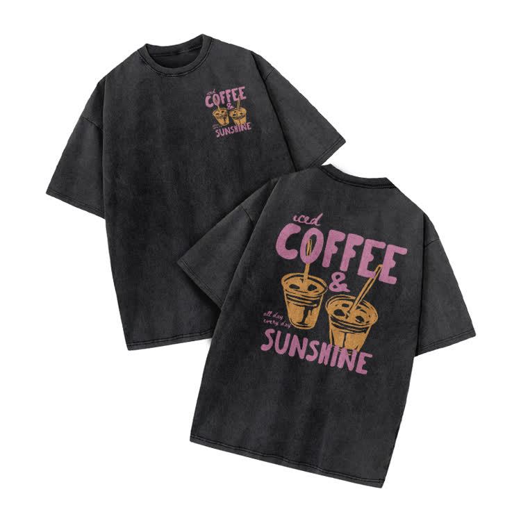 Vintage Coffee Sunshine Print Acid Washed T-Shirt - Black - US20-22(3XL) - image 1