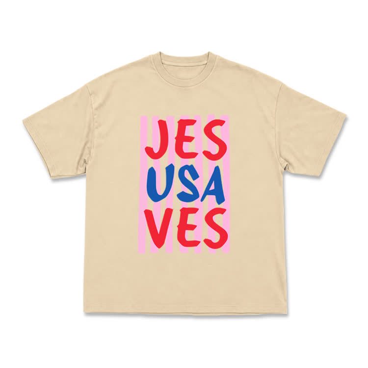 Art Inspired Stripe JESUSAVES Graphic T-Shirt - Apricot - US16-18(2XL) - image 2