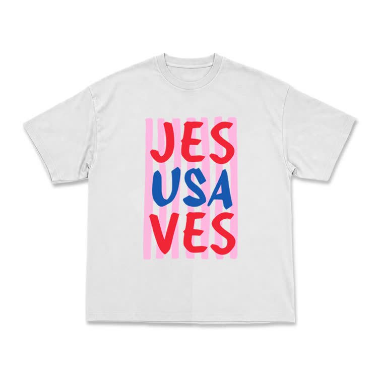 Art Inspired Stripe JESUSAVES Graphic T-Shirt - White - US16-18(2XL) - image 1