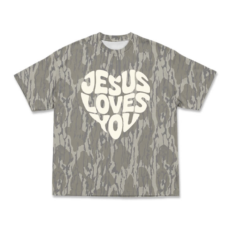 Vintage Camo Jesus Loves You Heart Graphic T-Shirt - Beige - 8XL - image 2