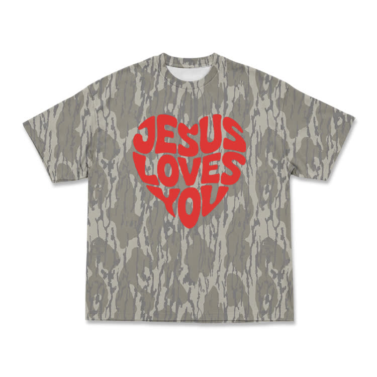 Vintage Camo Jesus Loves You Heart Graphic T-Shirt - Red - 8XL - image 1