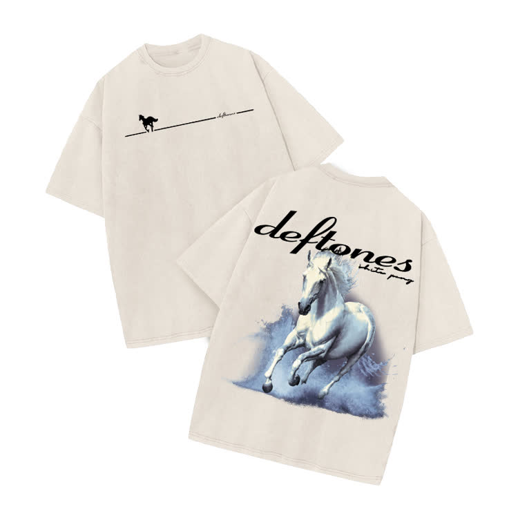 Deftones Running Horse Print Acid Washed T-shirt - Beige - US20-22(3XL) - image 2