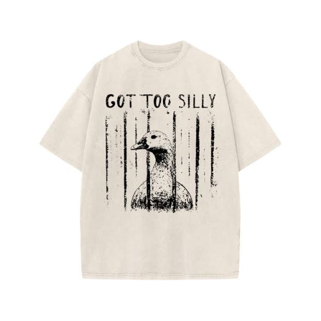 Street Distressed Goose Print Acid Washed T-Shirt - Beige - US20-22(3XL) - image 2