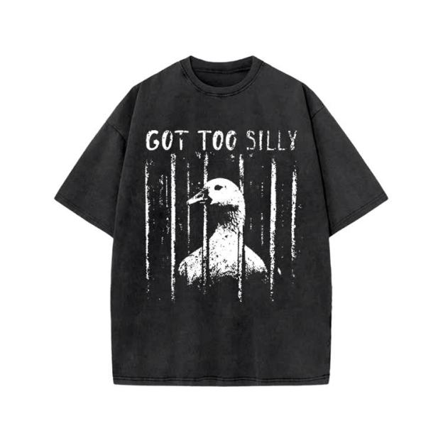 Street Distressed Goose Print Acid Washed T-Shirt - Black - US20-22(3XL) - image 1