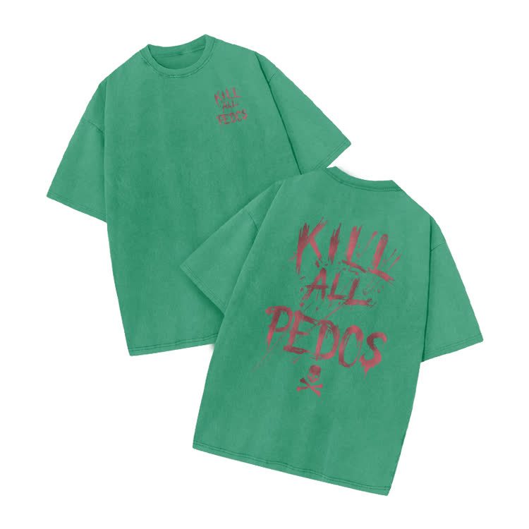  Kill All Pedos Print Acid Washed T-Shirt - Green - US20-22(3XL) - image 3