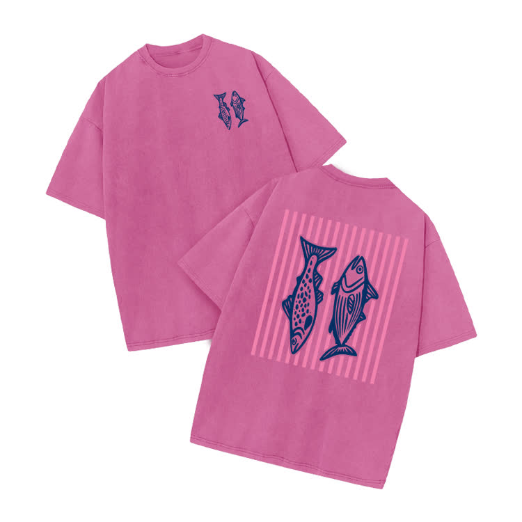 Retro Fish Art Print Acid Washed T-shirt - Pink - US20-22(3XL) - image 2