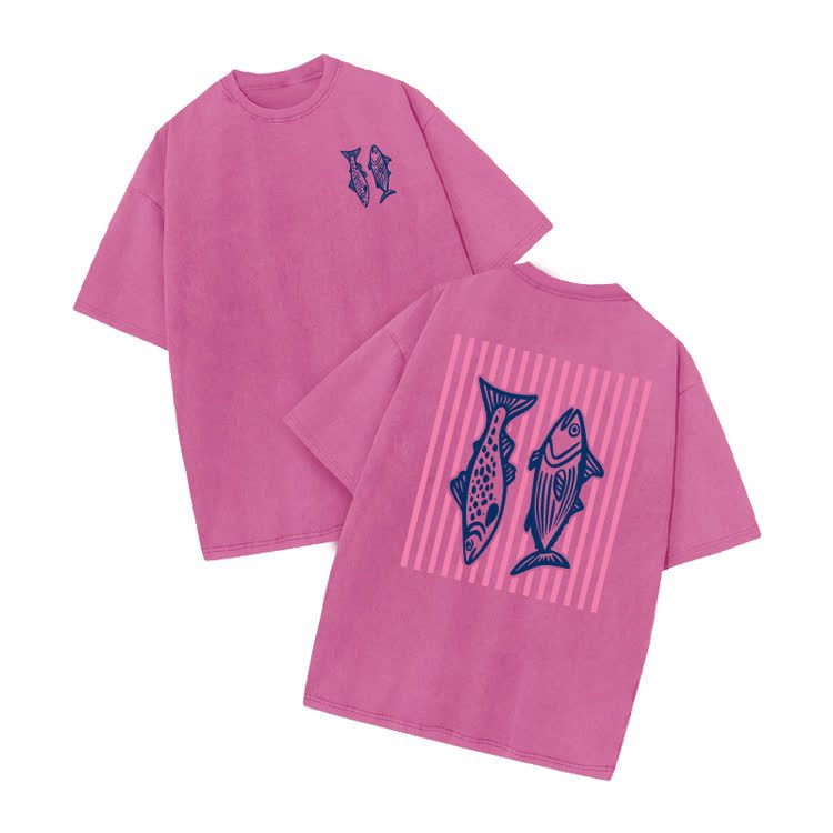 Retro Fish Art Print Acid Washed T-shirt - Pink - US20-22(3XL) - image 2