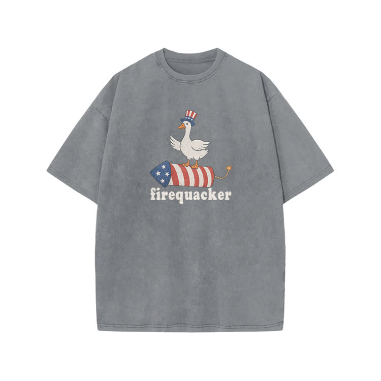 Firequacker Patriotic Duck Rocket Graphic Print Acid Washed T-shirt - Grey - US20-22(3XL) - image 2