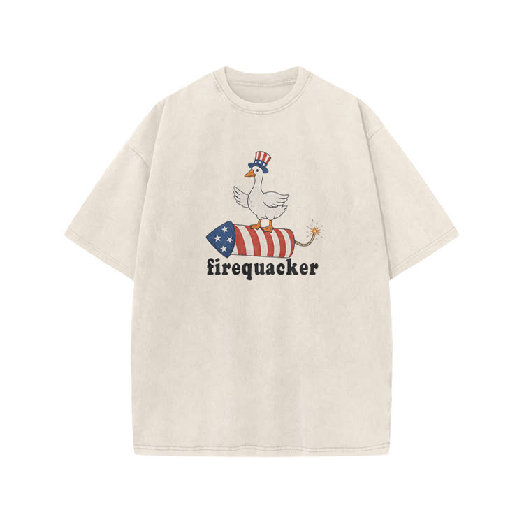 Firequacker Patriotic Duck Rocket Graphic Print Acid Washed T-shirt - Beige - US20-22(3XL) - image 1