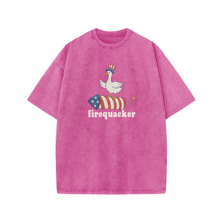 Firequacker Patriotic Duck Rocket Graphic Print Acid Washed T-shirt - Pink - US20-22(3XL) - image 9
