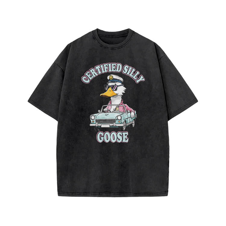 Certified Silly Goose Print Acid Washed T-shirt - Black - US20-22(3XL) - image 1