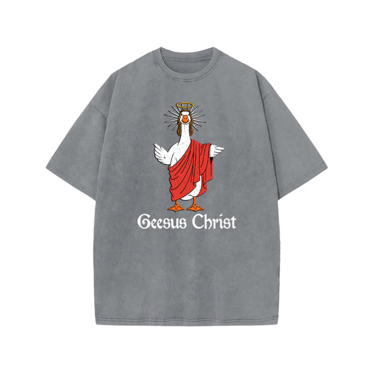 Geesus Christ Graphic Print Acid Washed T-shirt - Grey - US20-22(3XL) - image 2