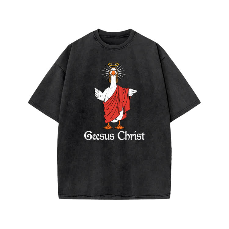 Geesus Christ Graphic Print Acid Washed T-shirt - Black - US20-22(3XL) - image 1