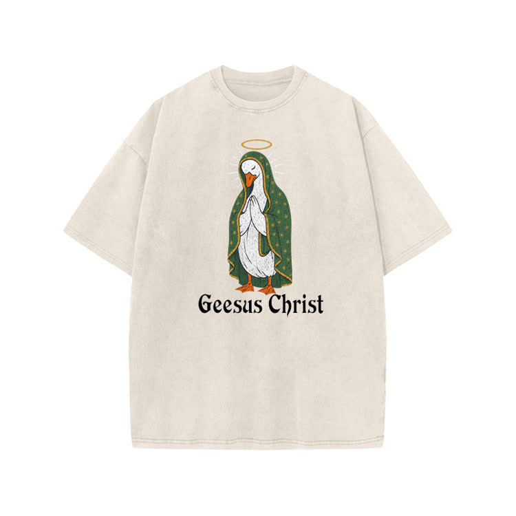 Geesus Christ Halo Goose Graphic Print Acid Washed T-shirt - Beige - US20-22(3XL) - image 1