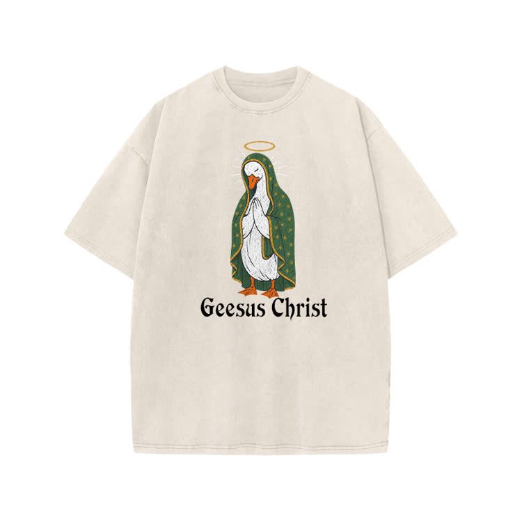 Geesus Christ Halo Goose Graphic Print Acid Washed T-shirt - Beige - US20-22(3XL) - image 1