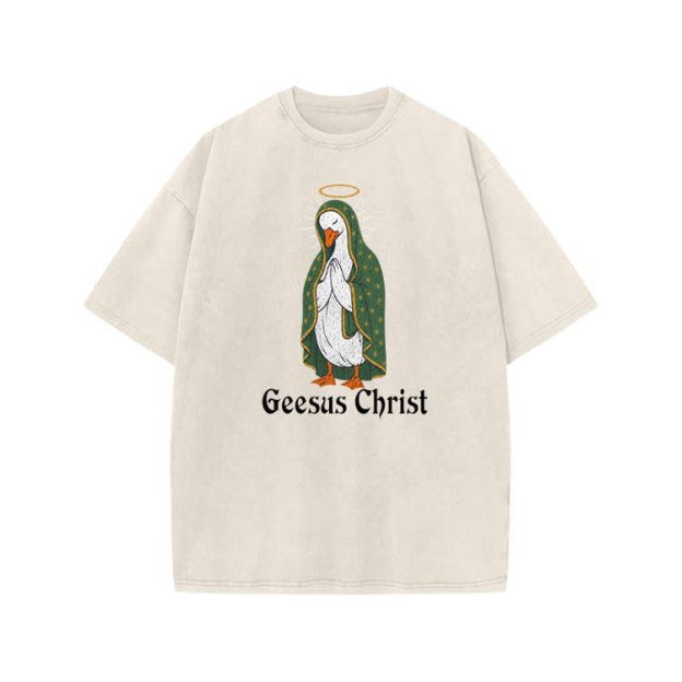 Geesus Christ Halo Goose Graphic Print Acid Washed T-shirt - Beige - US20-22(3XL) - image 1
