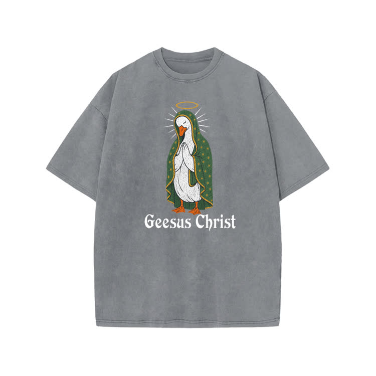 Geesus Christ Halo Goose Graphic Print Acid Washed T-shirt - Grey - US20-22(3XL) - image 3