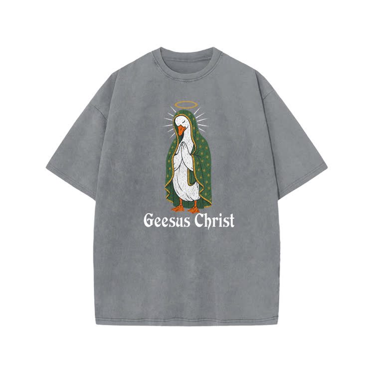 Geesus Christ Halo Goose Graphic Print Acid Washed T-shirt - Grey - US20-22(3XL) - image 3