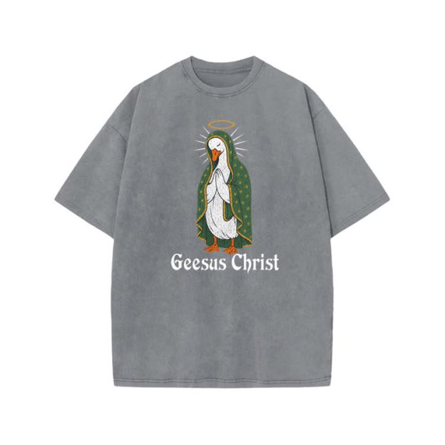 Geesus Christ Halo Goose Graphic Print Acid Washed T-shirt - Grey - US20-22(3XL) - image 3