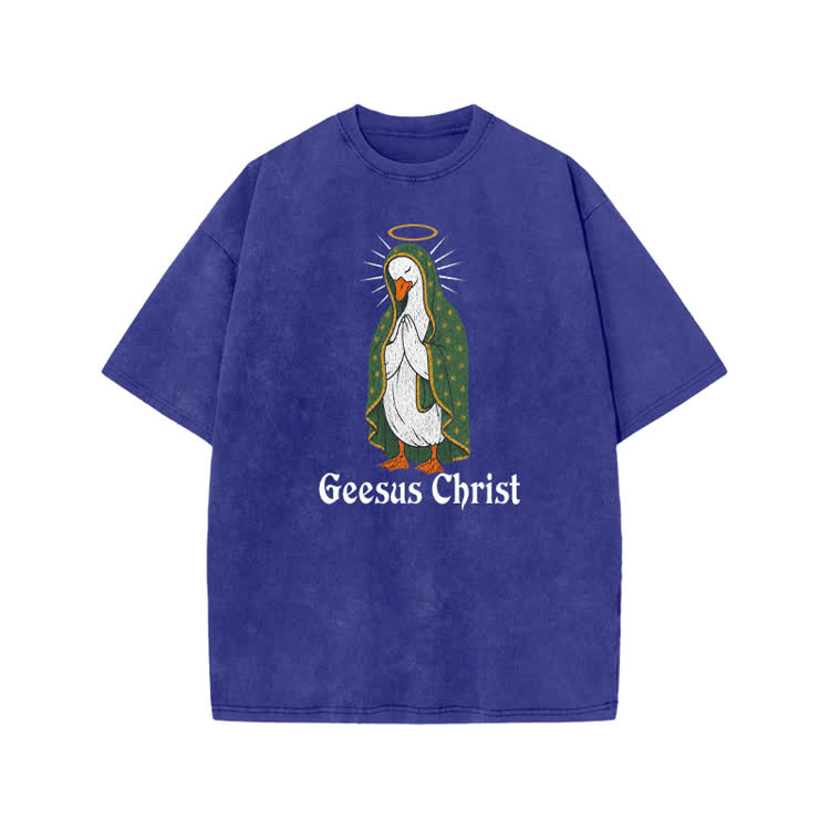 Geesus Christ Halo Goose Graphic Print Acid Washed T-shirt - Blue - US20-22(3XL) - image 2
