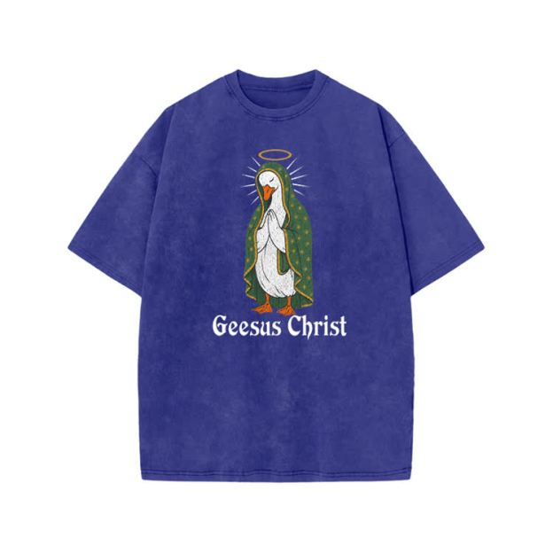 Geesus Christ Halo Goose Graphic Print Acid Washed T-shirt - Blue - US20-22(3XL) - image 2