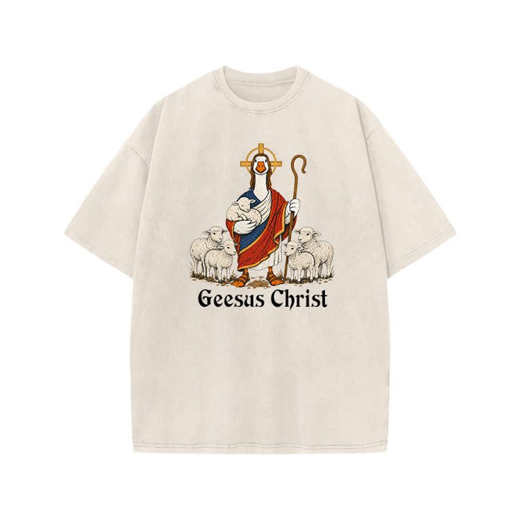 Vintage Geesus Christ Sheep Graphic Print Acid Washed T-shirt - Beige - US20-22(3XL) - image 2