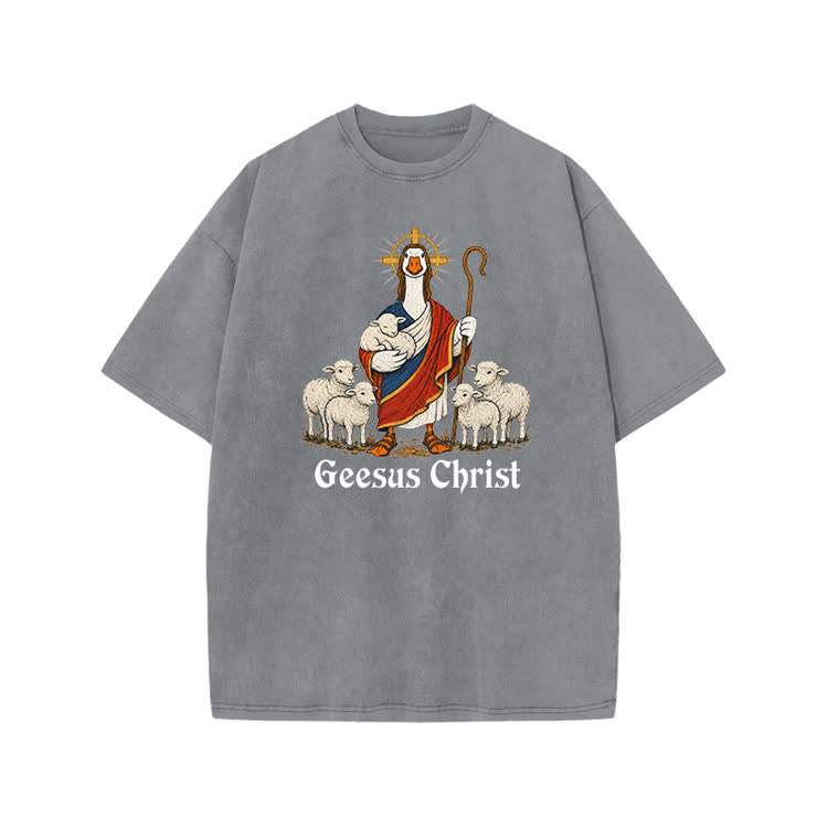 Vintage Geesus Christ Sheep Graphic Print Acid Washed T-shirt - Grey - US20-22(3XL) - image 1