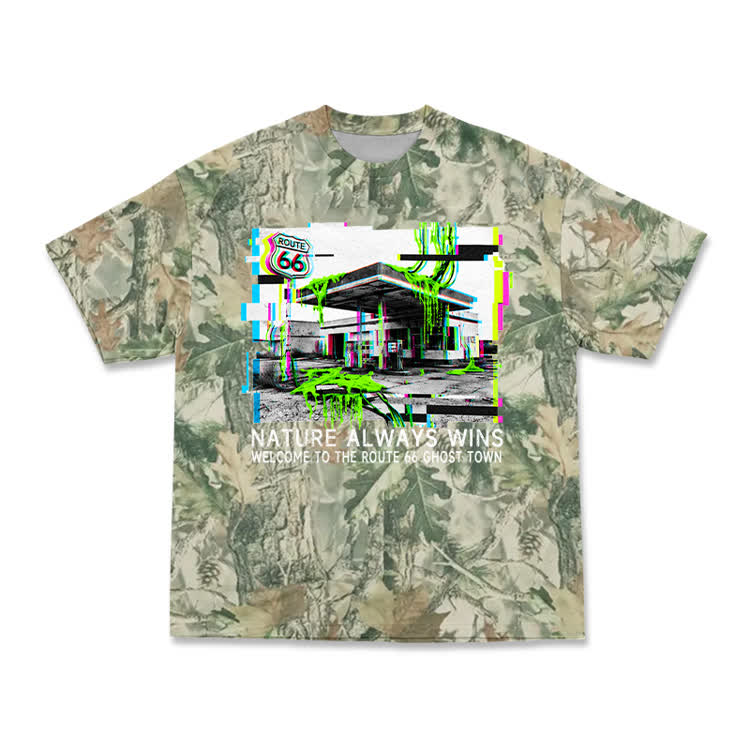 Vintage Route 66 Ghost Town Graphic Camo T-Shirt - Green - 3XL - image 2
