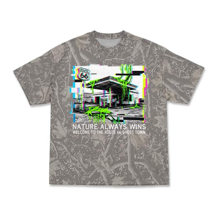 Vintage Route 66 Ghost Town Graphic Camo T-Shirt - Olive Green - 3XL - image 1