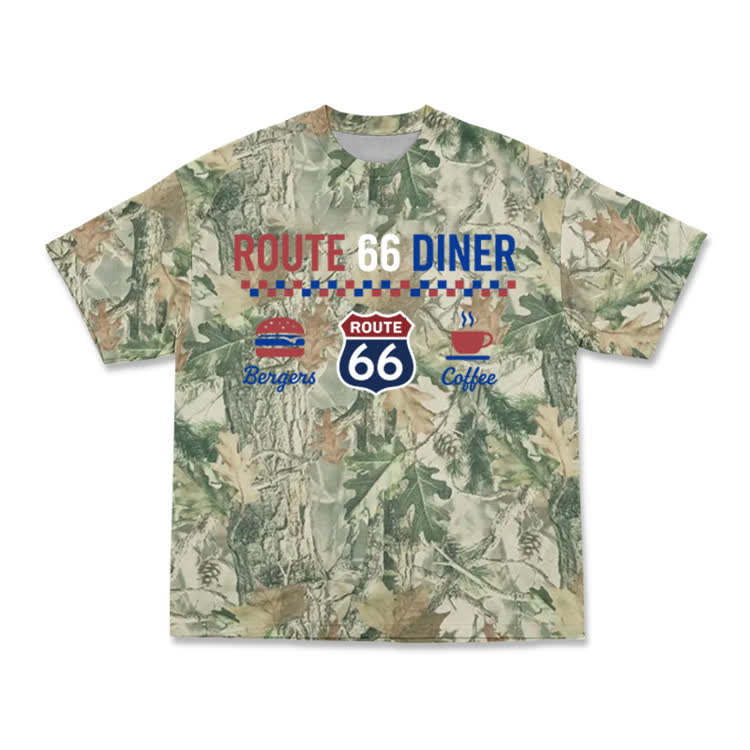 Retro Route 66 Diner Camo Graphic T-Shirt - Green - 3XL - image 2