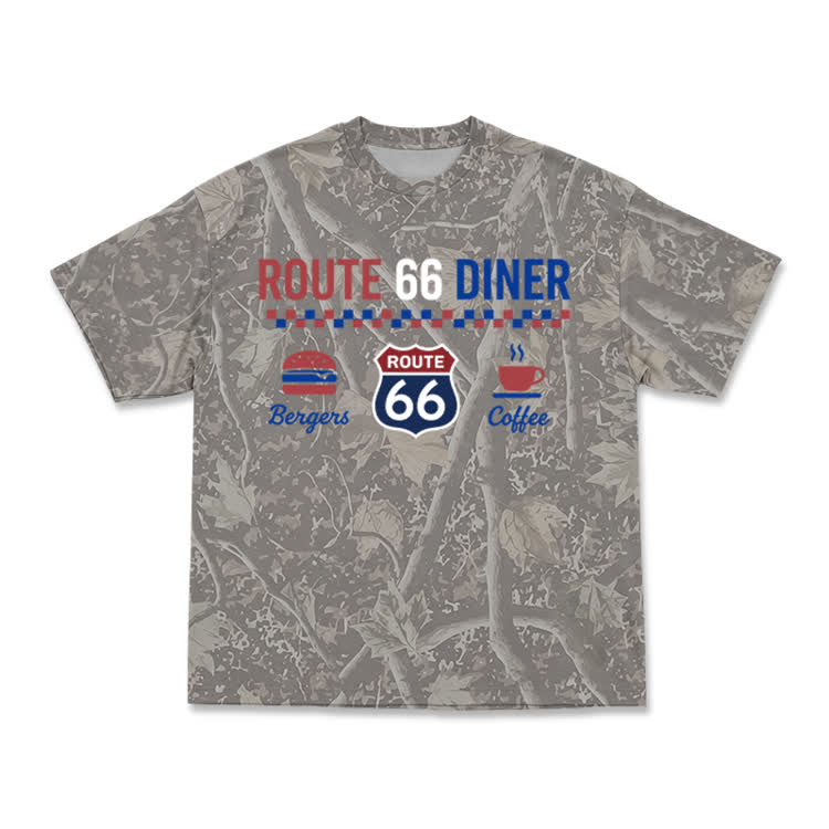 Retro Route 66 Diner Camo Graphic T-Shirt - Olive Green - 3XL - image 1