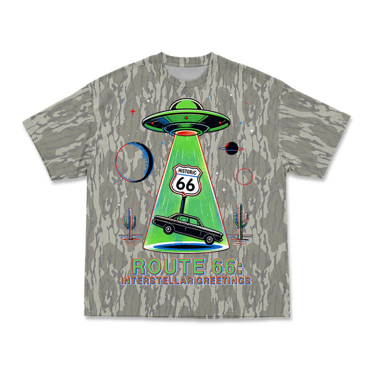 Vintage Route 66 UFO Graphic Camo T-Shirt - Khaki - 3XL - image 2