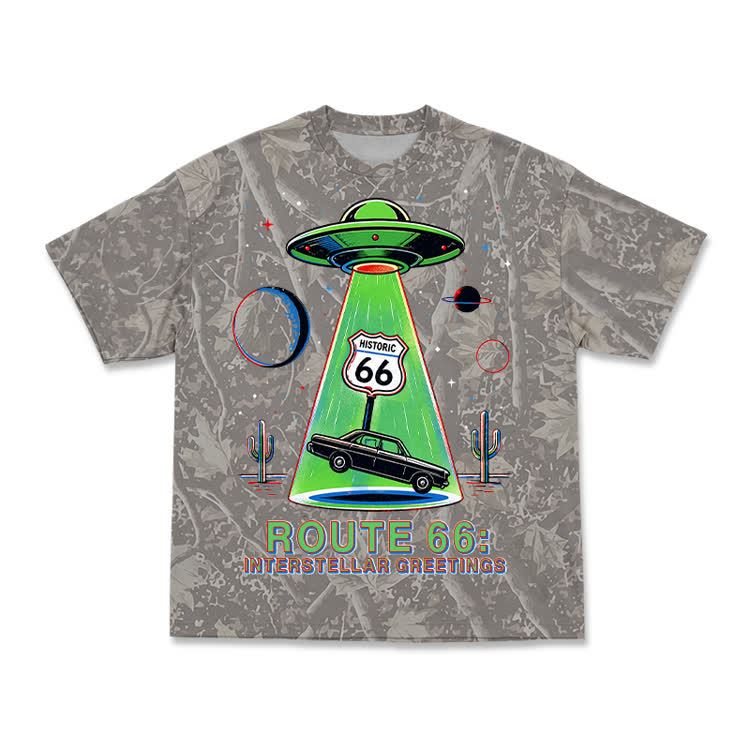 Vintage Route 66 UFO Graphic Camo T-Shirt - Olive Green - 3XL - image 1