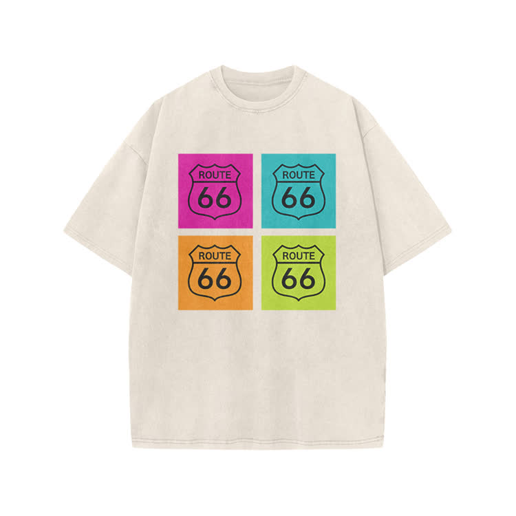 Vintage Route 66 Pop Art Print Acid Washed T-shirt - Beige - US20-22(3XL) - image 2
