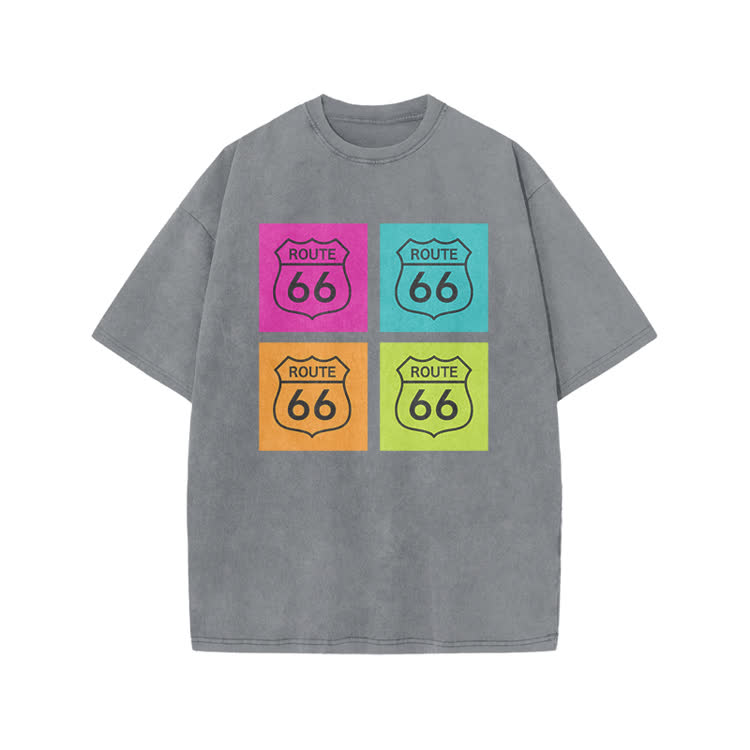 Vintage Route 66 Pop Art Print Acid Washed T-shirt - Grey - US20-22(3XL) - image 1