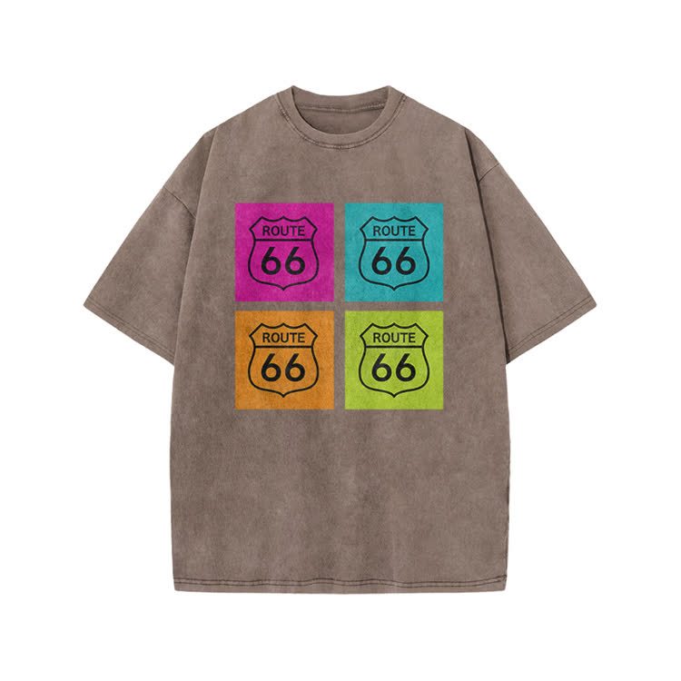 Vintage Route 66 Pop Art Print Acid Washed T-shirt - Coffee - US20-22(3XL) - image 6