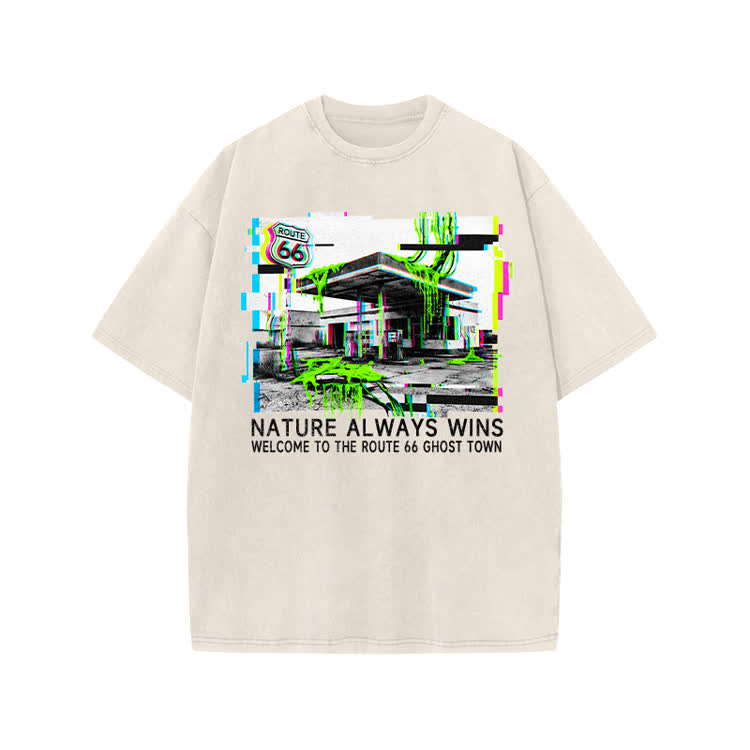 Vintage Route 66 Ghost Town Graphic Print Acid Washed T-shirt - Beige - US20-22(3XL) - image 2