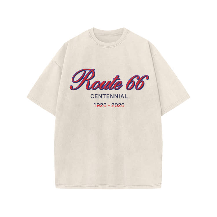 Vintage Route 66 Centennial Print Acid Washed T-shirt - Beige - US20-22(3XL) - image 1