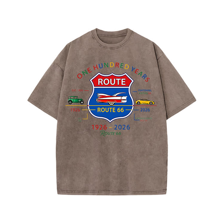 Vintage Route 66 Centennial Graphic Print Acid Washed T-shirt - Coffee - US20-22(3XL) - image 1