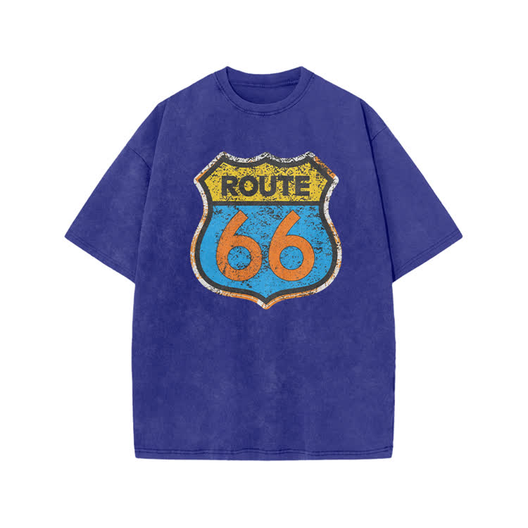 Vintage Route 66 Distressed Graphic Print Acid Washed T-shirt - Blue - US20-22(3XL) - image 1