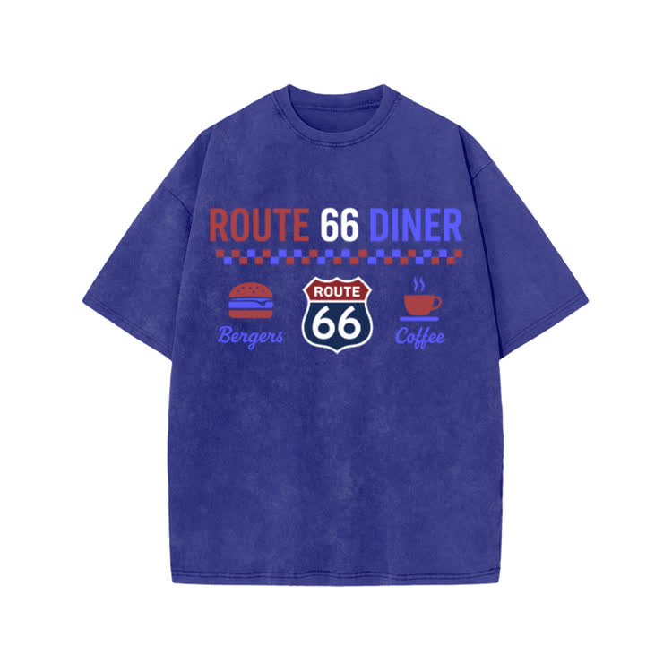 Route 66 Diner Vintage Graphic Print Acid Washed T-shirt - Blue - US20-22(3XL) - image 2