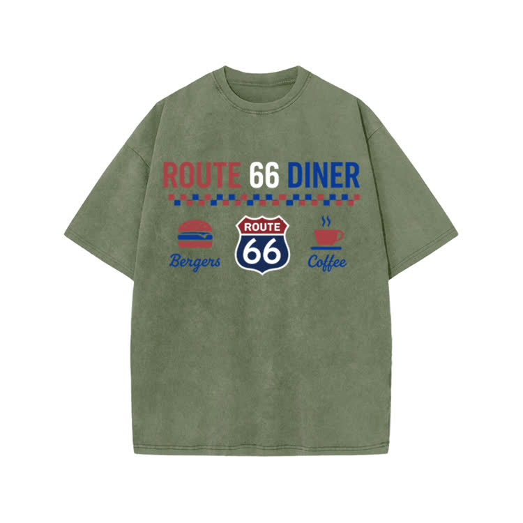 Route 66 Diner Vintage Graphic Print Acid Washed T-shirt - Army Green - US20-22(3XL) - image 1