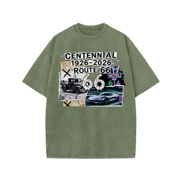 Route 66 Centennial Vintage Graphic Print Acid Washed T-shirt - Army Green - US20-22(3XL) - image 2