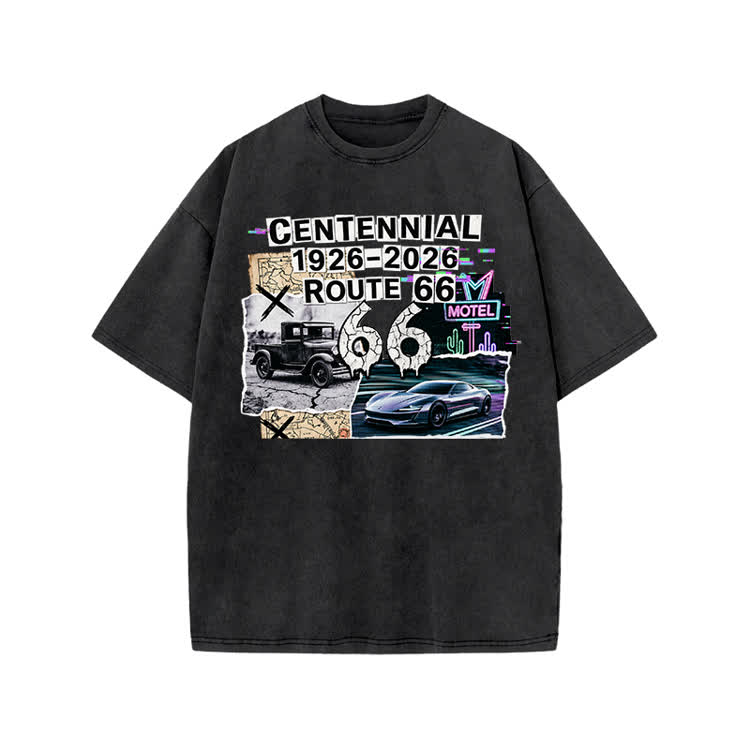 Route 66 Centennial Vintage Graphic Print Acid Washed T-shirt - Black - US20-22(3XL) - image 1