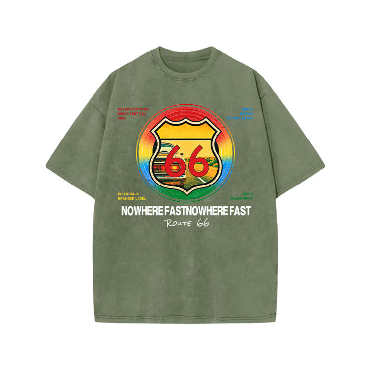 Vintage Street Route 66 Nowhere Fast Print Acid Washed T-shirt - Army Green - US20-22(3XL) - image 1