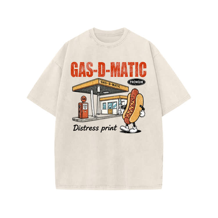 Vintage Gas-D-Matic Distressed Graphic Print Acid Washed T-shirt - Beige - US20-22(3XL) - image 1