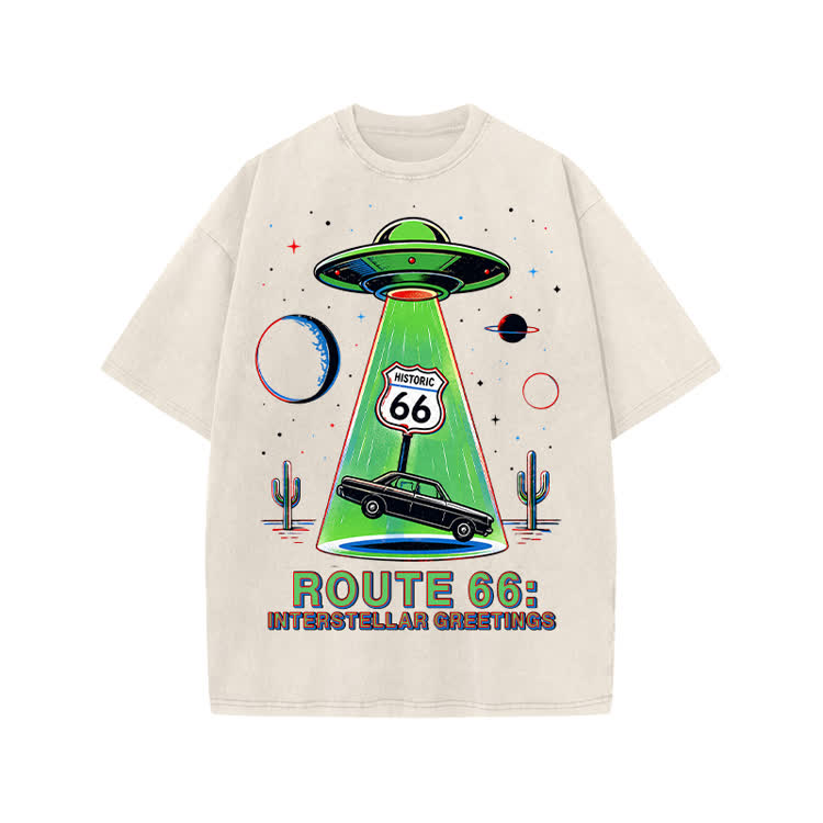 Retro Route 66 Interstellar Greetings Graphic Print Acid Washed T-shirt - Beige - US20-22(3XL) - image 2