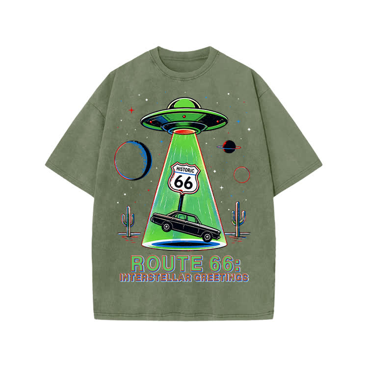 Retro Route 66 Interstellar Greetings Graphic Print Acid Washed T-shirt - Army Green - US20-22(3XL) - image 1