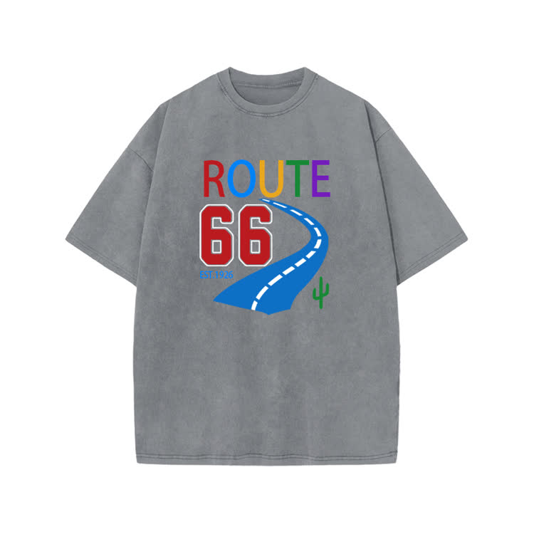 Vintage Route 66 Road Trip Graphic Print Acid Washed T-shirt - Grey - US20-22(3XL) - image 1